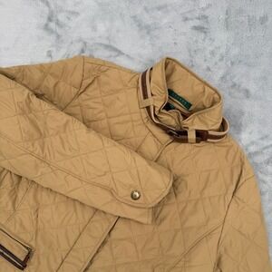 Lauren Ralph Lauren Quilted Barn Jacket Tan Leather Trim Equestrian Women's XL